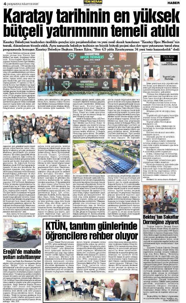 2 Ağustos 2023 Yeni Meram Gazetesi
