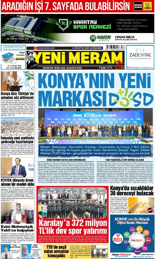 2 Ağustos 2023 Yeni Meram Gazetesi
