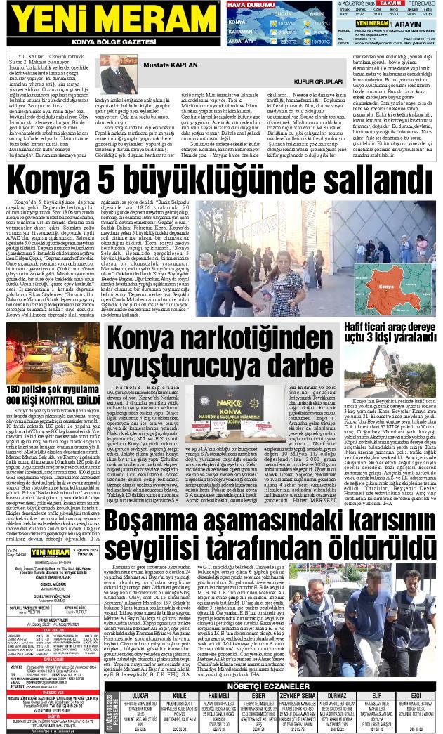 3 Ağustos 2023 Yeni Meram Gazetesi
