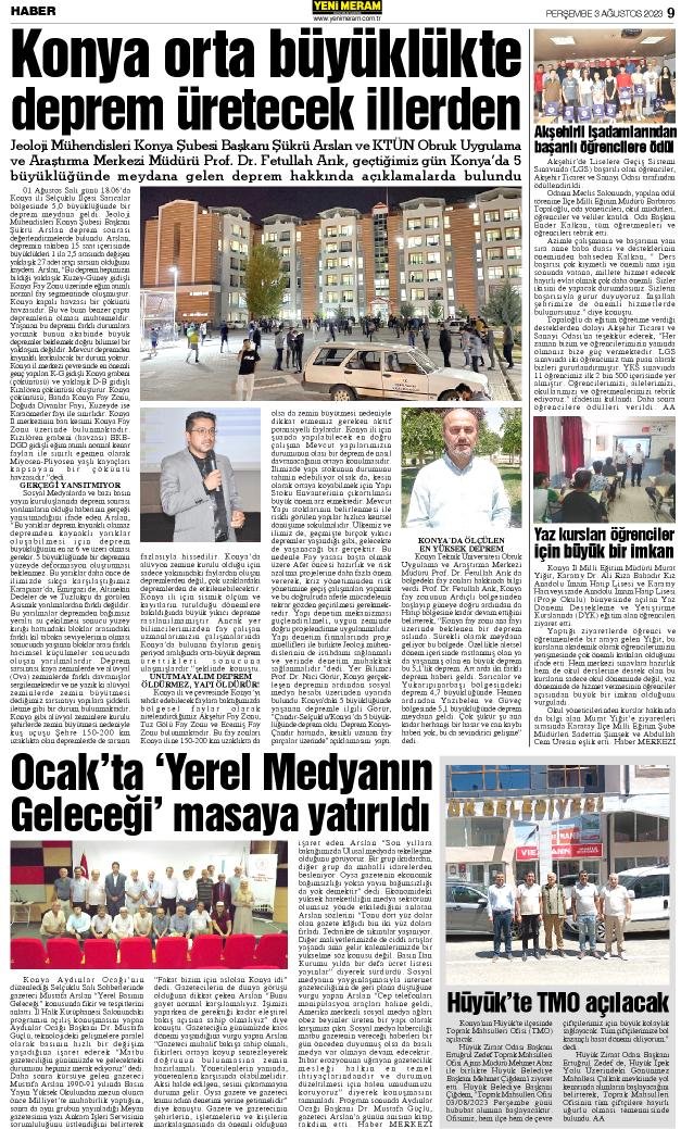 3 Ağustos 2023 Yeni Meram Gazetesi
