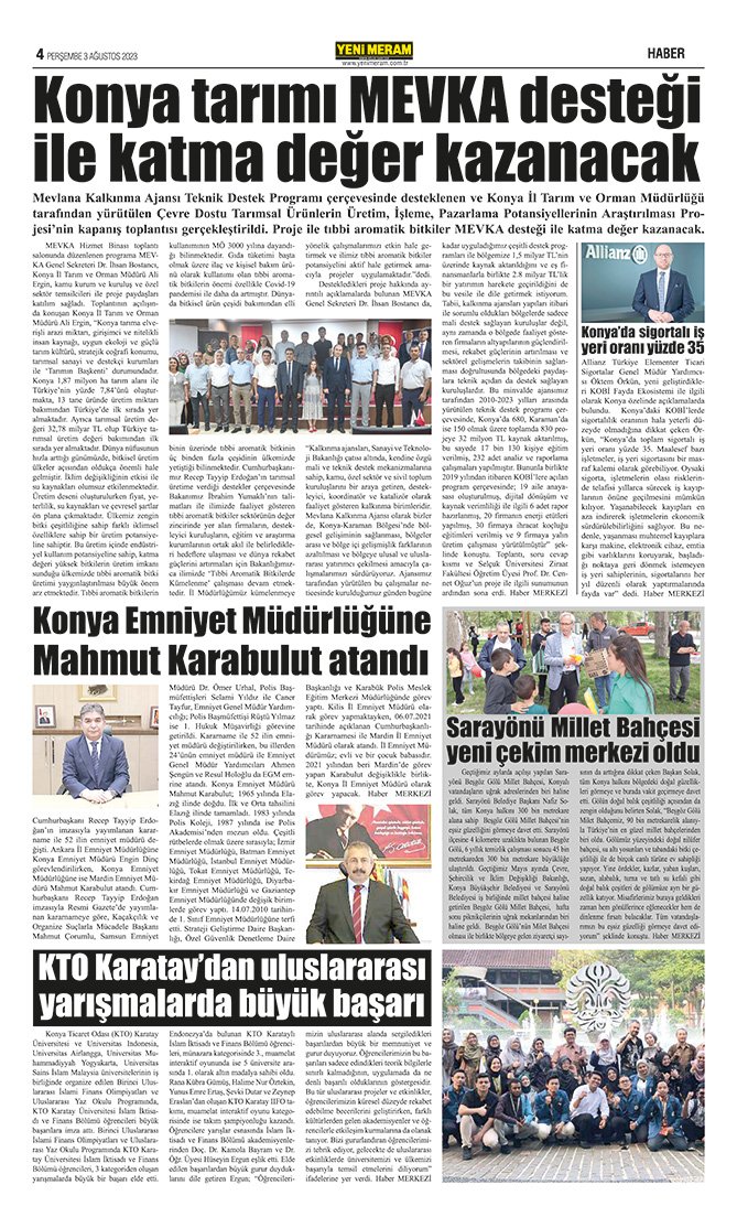 3 Ağustos 2023 Yeni Meram Gazetesi
