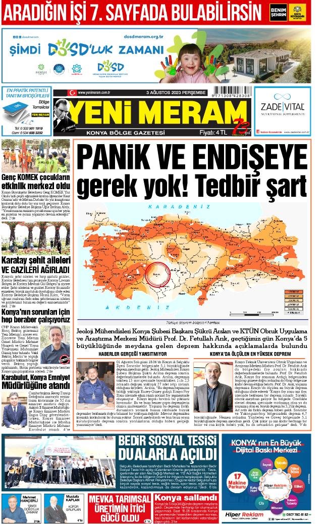 3 Ağustos 2023 Yeni Meram Gazetesi
