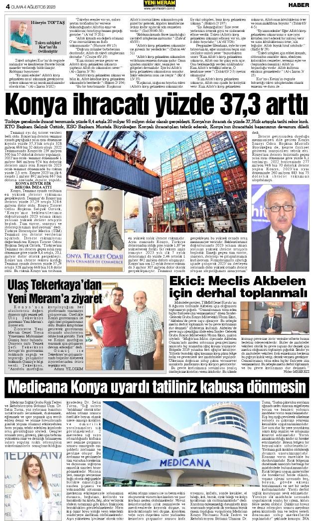 4 Ağustos 2023 Yeni Meram Gazetesi
