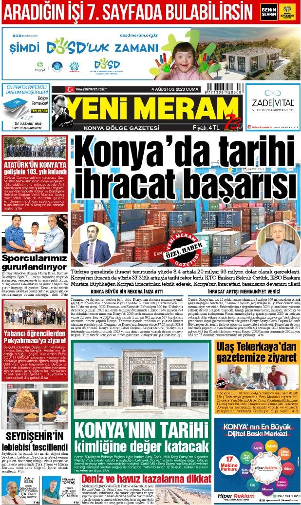 4 Ağustos 2023 Yeni Meram Gazetesi
