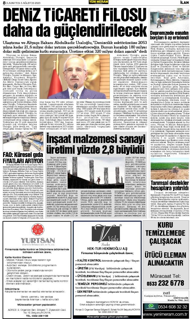 5 Ağustos 2023 Yeni Meram Gazetesi
