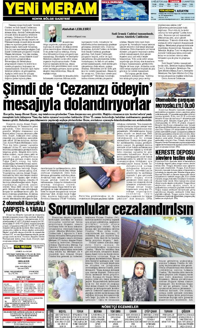 5 Ağustos 2023 Yeni Meram Gazetesi
