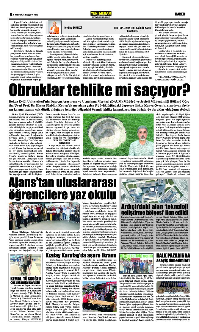 5 Ağustos 2023 Yeni Meram Gazetesi
