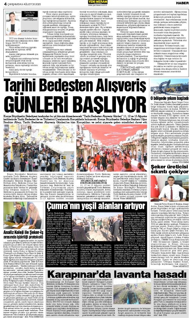 9 Ağustos 2023 Yeni Meram Gazetesi
