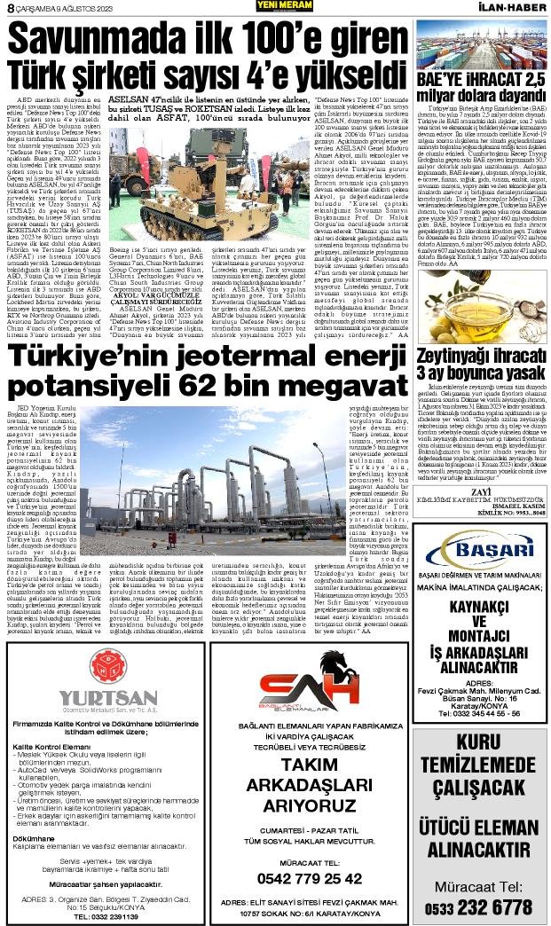 9 Ağustos 2023 Yeni Meram Gazetesi
