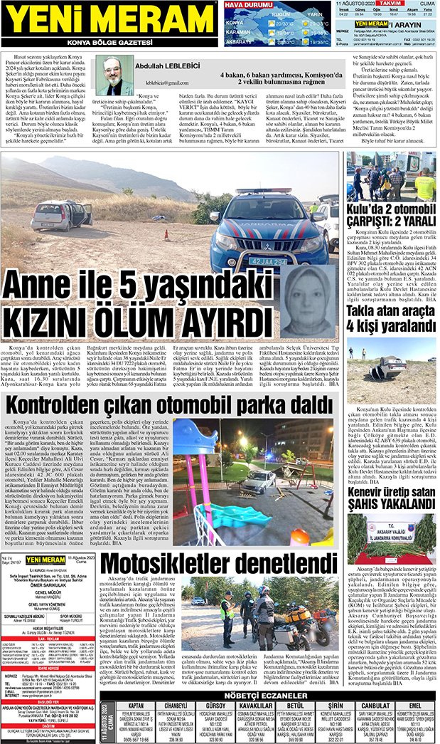 11 Ağustos 2023 Yeni Meram Gazetesi
