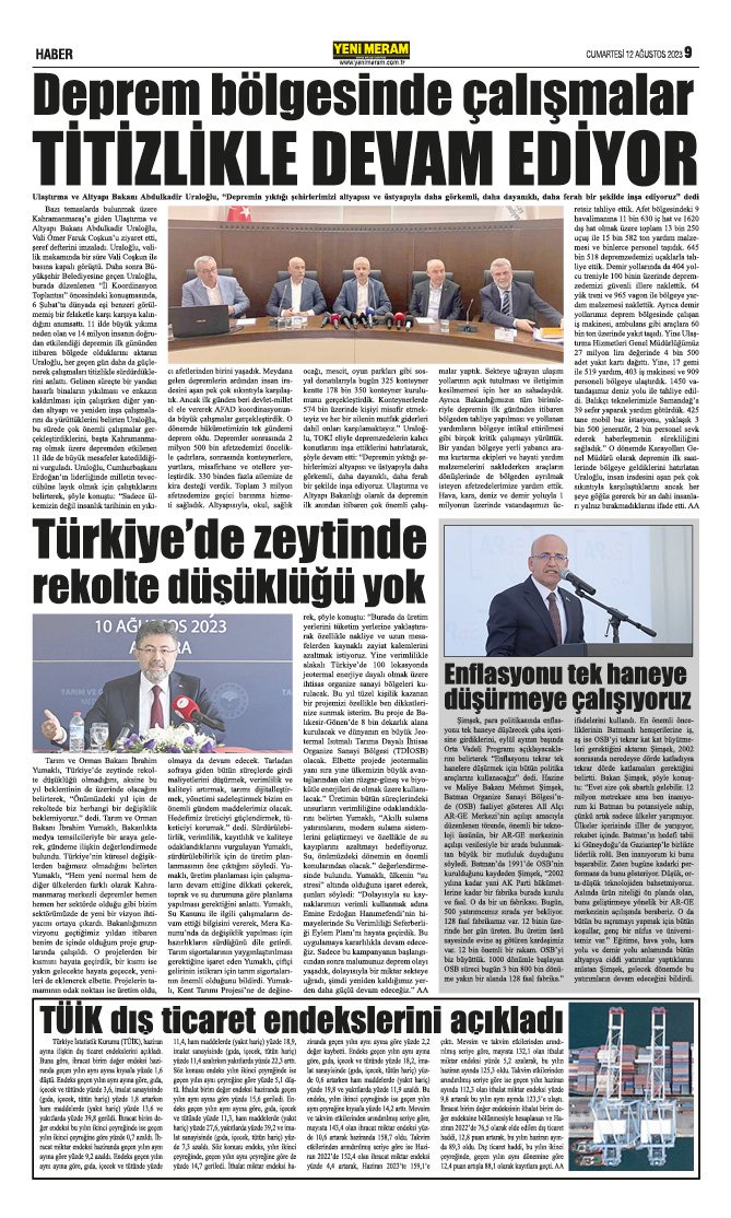 12 Ağustos 2023 Yeni Meram Gazetesi