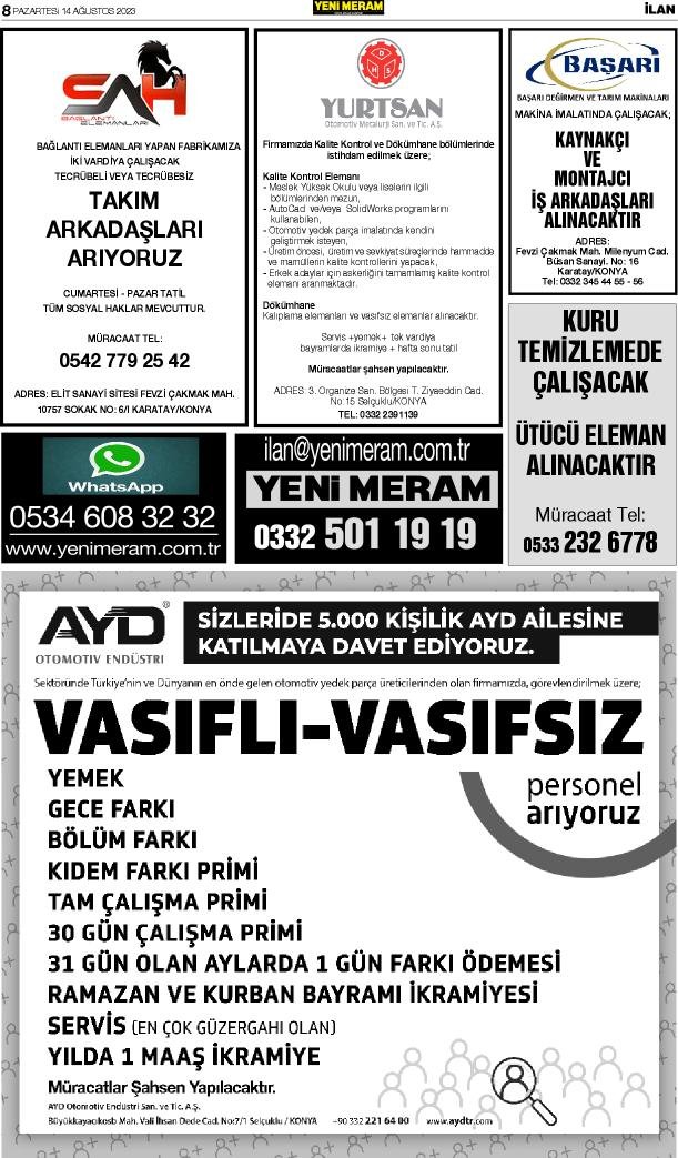 14 Ağustos 2023 Yeni Meram Gazetesi
