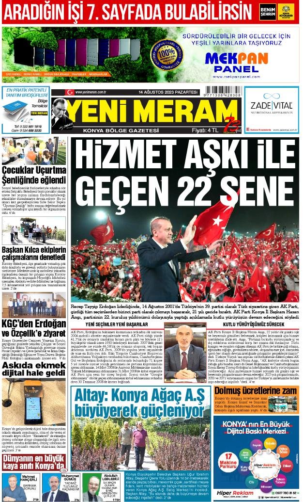 14 Ağustos 2023 Yeni Meram Gazetesi
