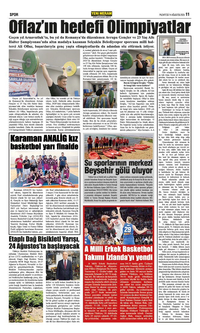 14 Ağustos 2023 Yeni Meram Gazetesi
