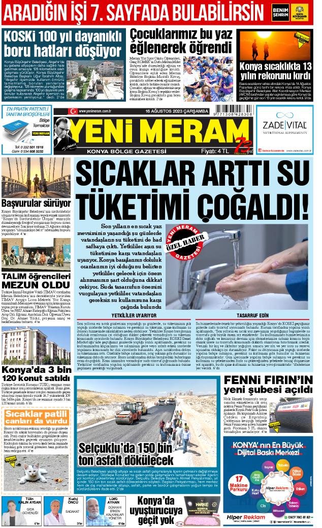 16 Ağustos 2023 Yeni Meram Gazetesi
