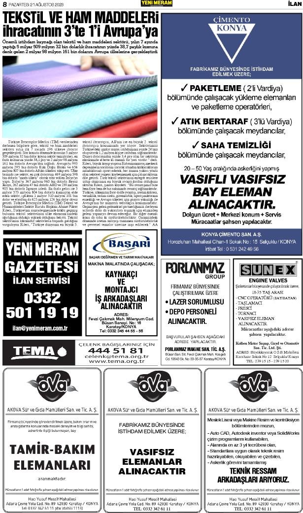 21 Ağustos 2023 Yeni Meram Gazetesi
