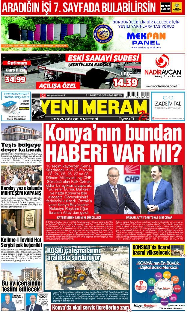 21 Ağustos 2023 Yeni Meram Gazetesi
