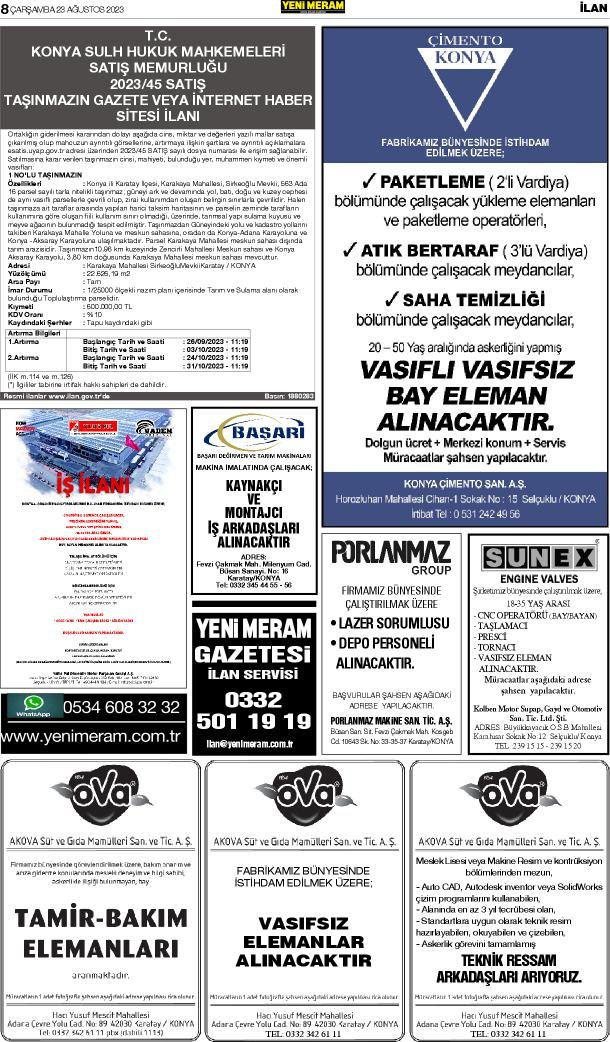 23 Ağustos 2023 Yeni Meram Gazetesi