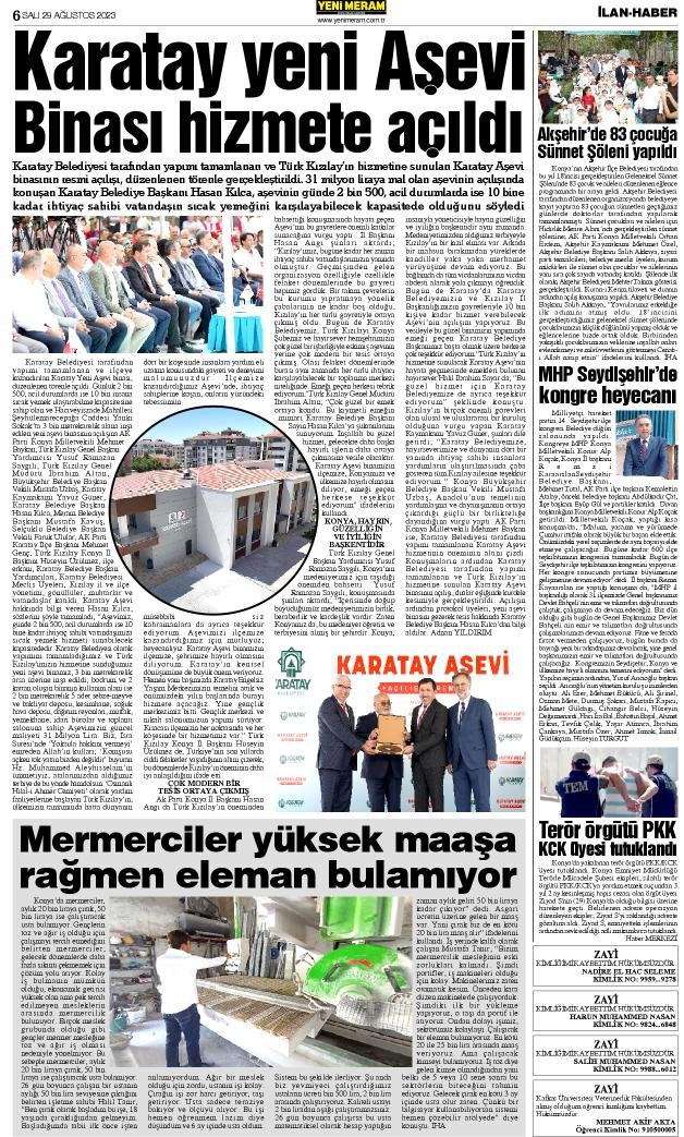 29 Ağustos 2023 Yeni Meram Gazetesi
