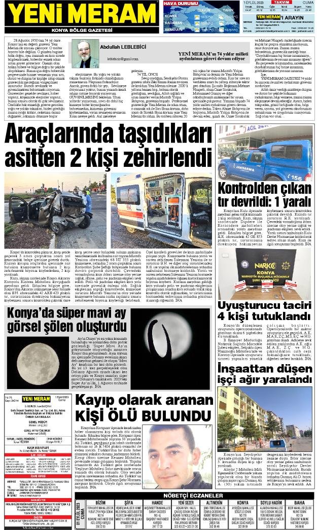 1 Eylül 2023 Yeni Meram Gazetesi
