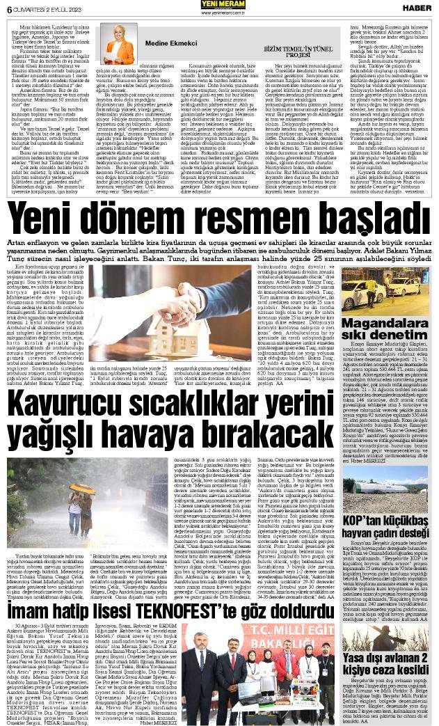 2 Eylül 2023 Yeni Meram Gazetesi