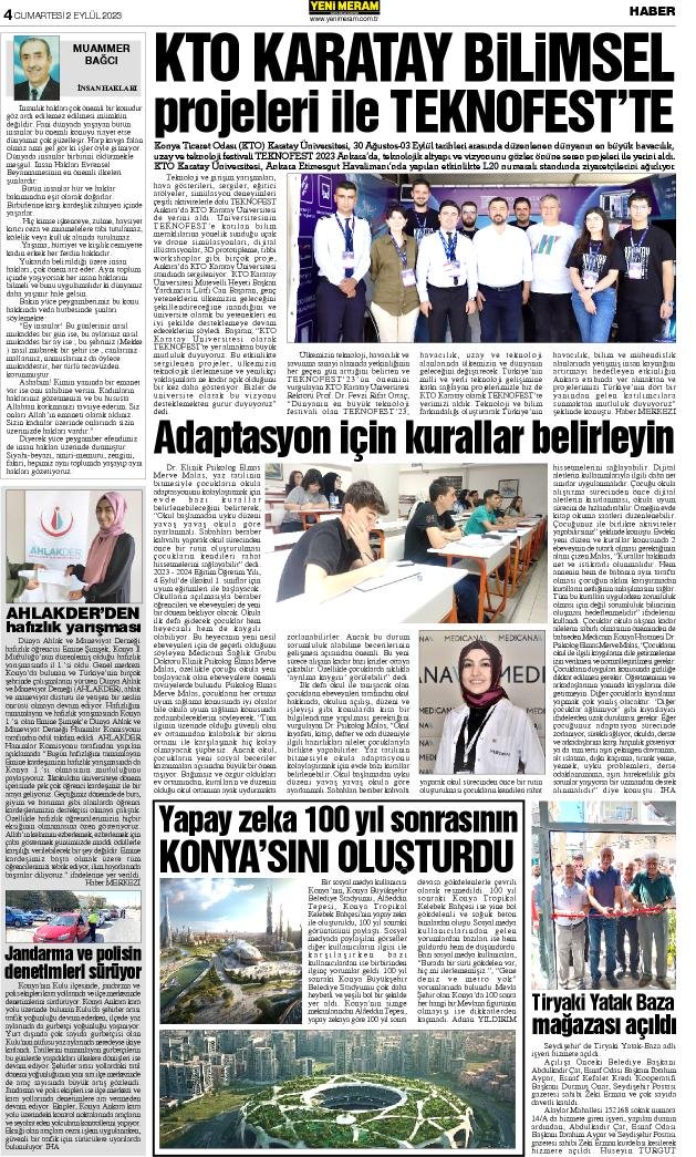 2 Eylül 2023 Yeni Meram Gazetesi