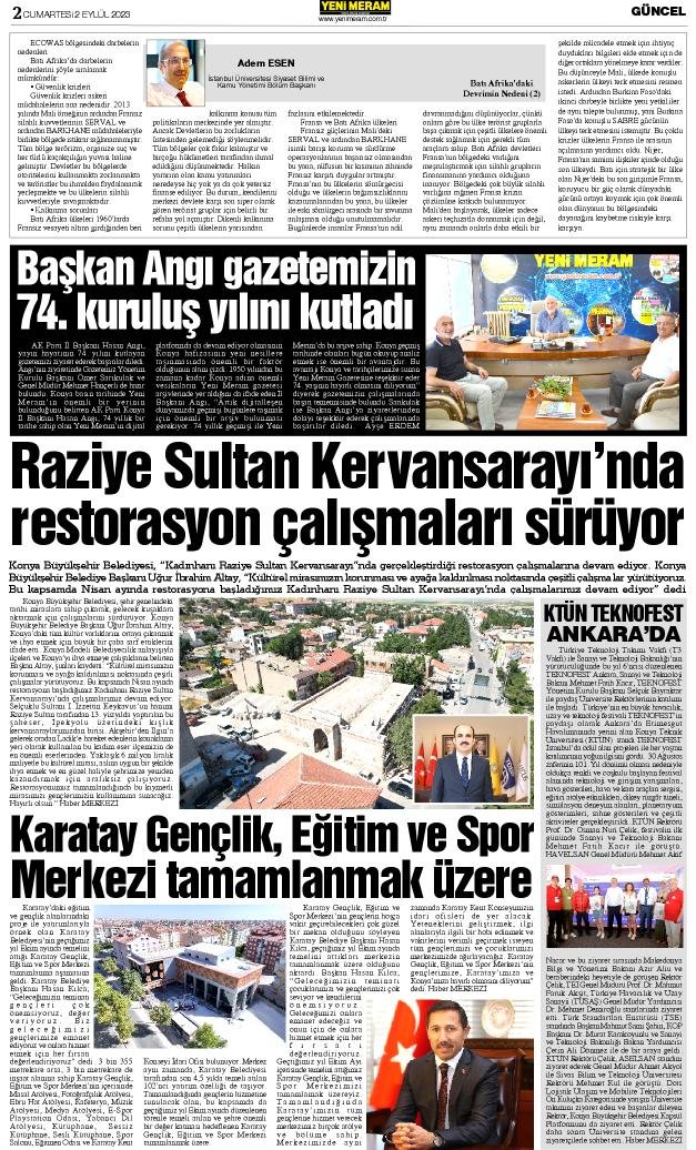 2 Eylül 2023 Yeni Meram Gazetesi