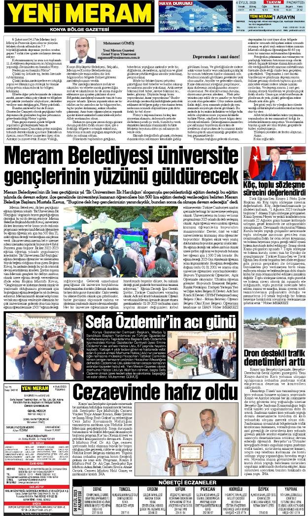 4 Eylül 2023 Yeni Meram Gazetesi
