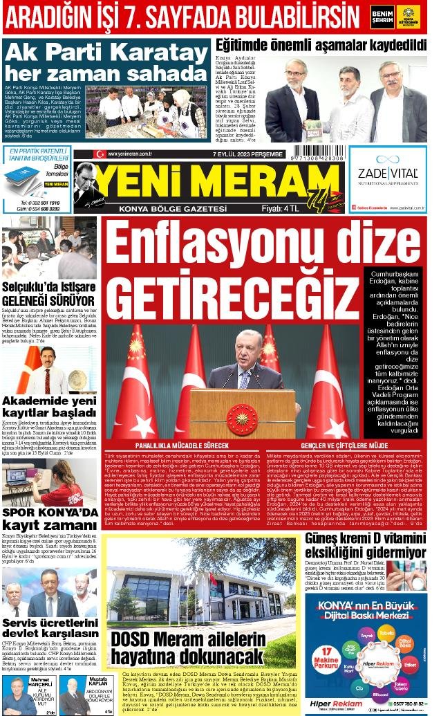 7 Eylül 2023 Yeni Meram Gazetesi
