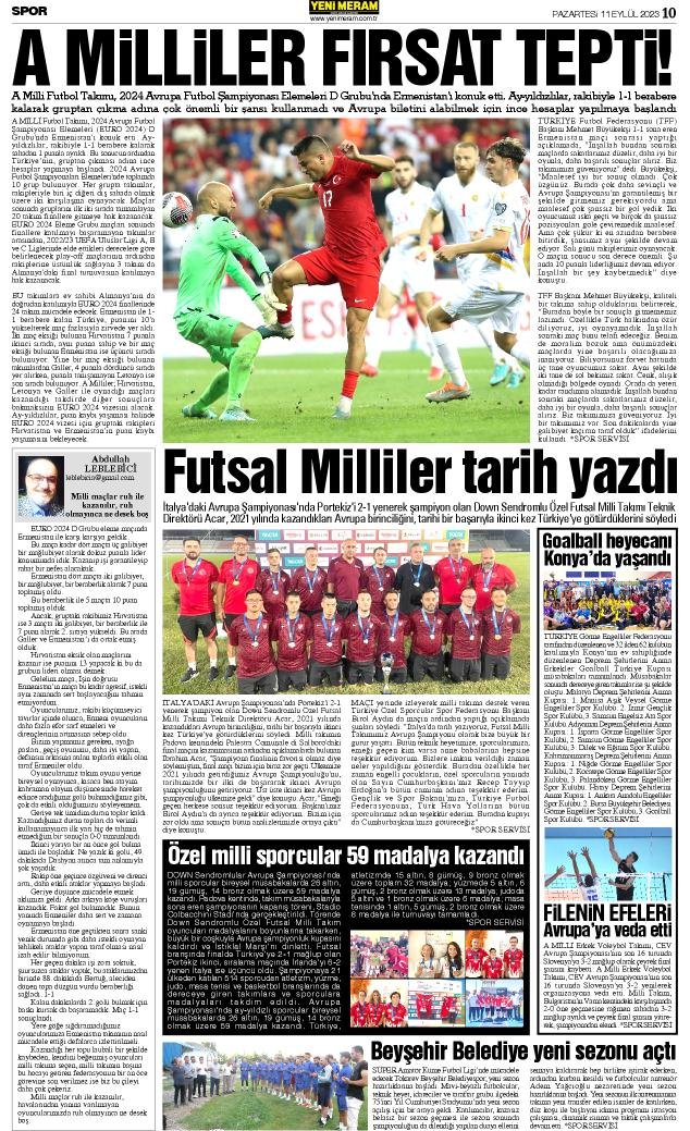 11 Eylül 2023 Yeni Meram Gazetesi
