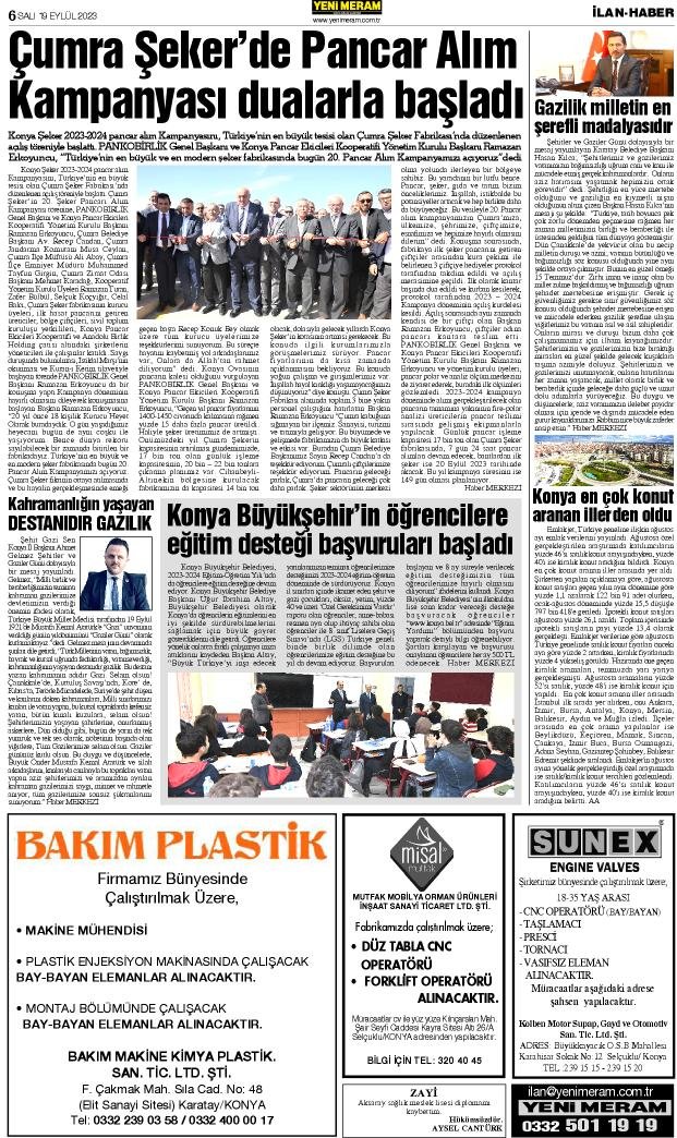 19 Eylül 2023 Yeni Meram Gazetesi
