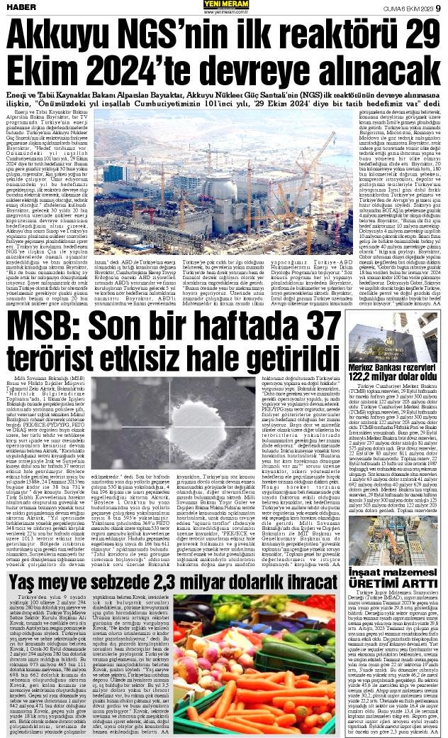 6 Ekim 2023 Yeni Meram Gazetesi
