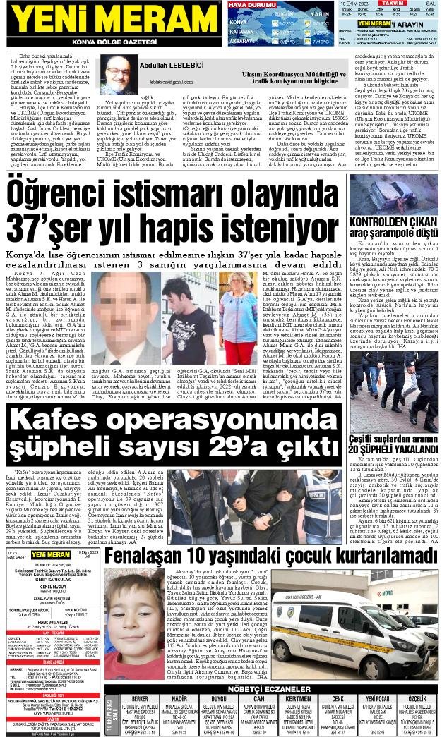 10 Ekim 2023 Yeni Meram Gazetesi
