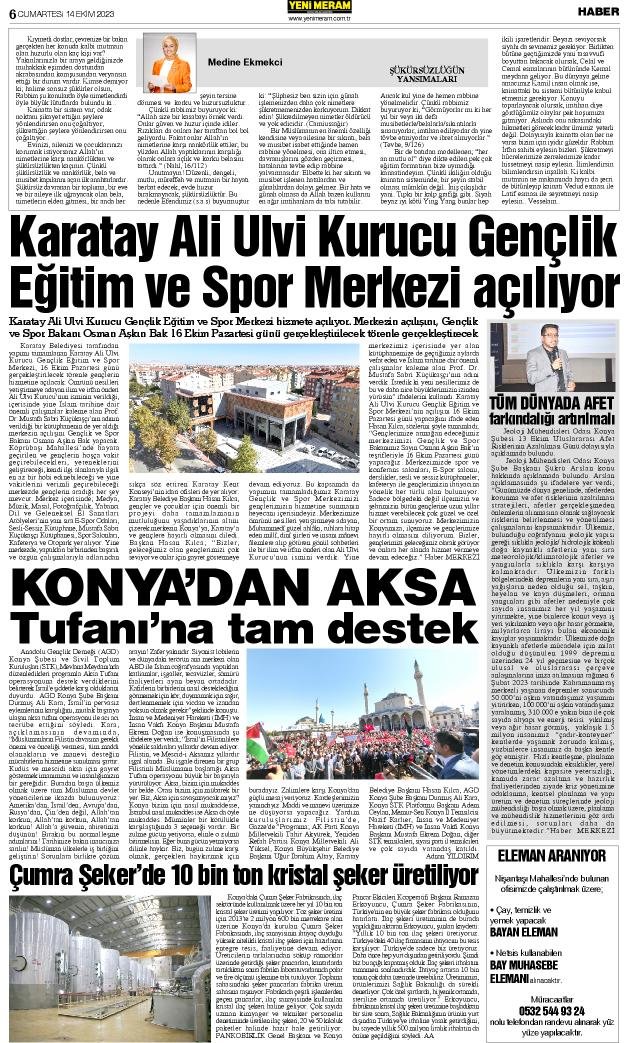 14 Ekim 2023 Yeni Meram Gazetesi