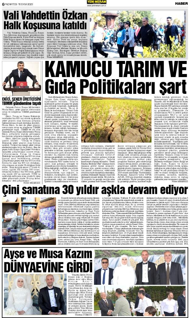 16 Ekim 2023 Yeni Meram Gazetesi
