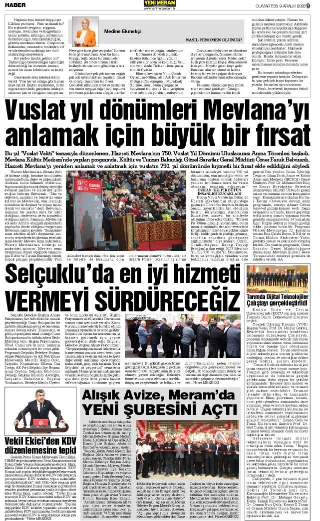 9 Aralık 2023 Yeni Meram Gazetesi