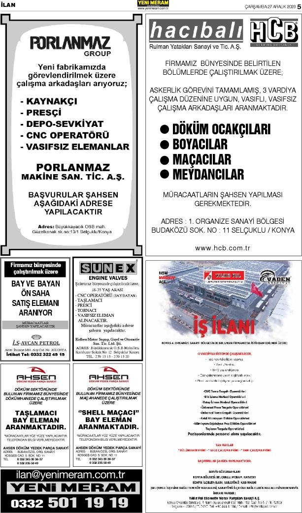 27 Aralık 2023 Yeni Meram Gazetesi
