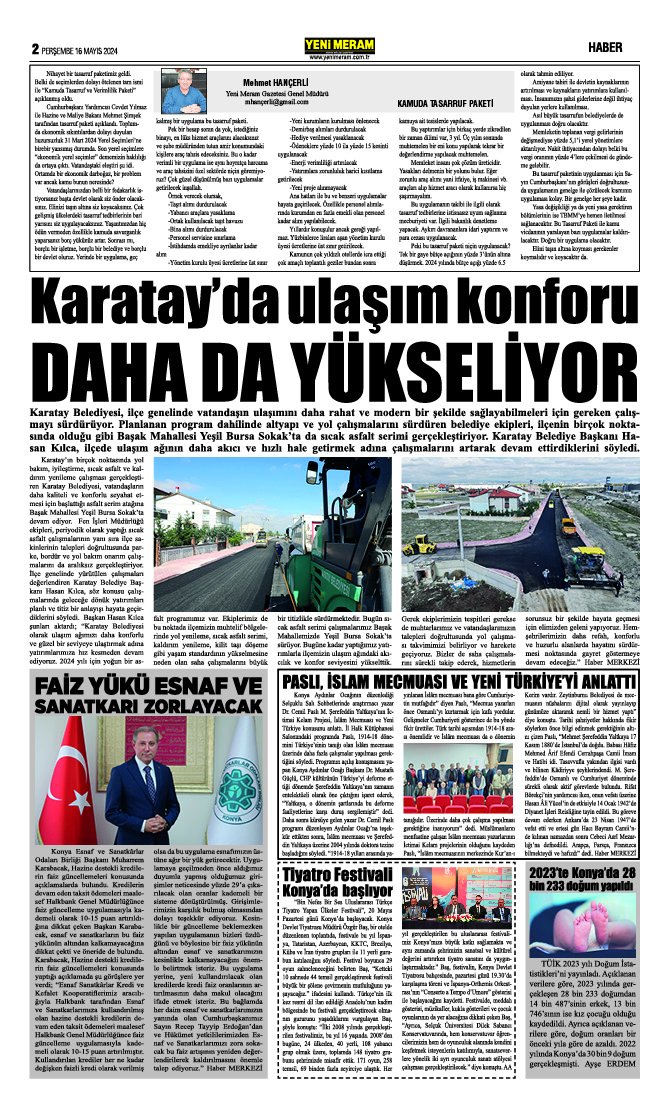 16 Mayıs 2024 Yeni Meram Gazetesi