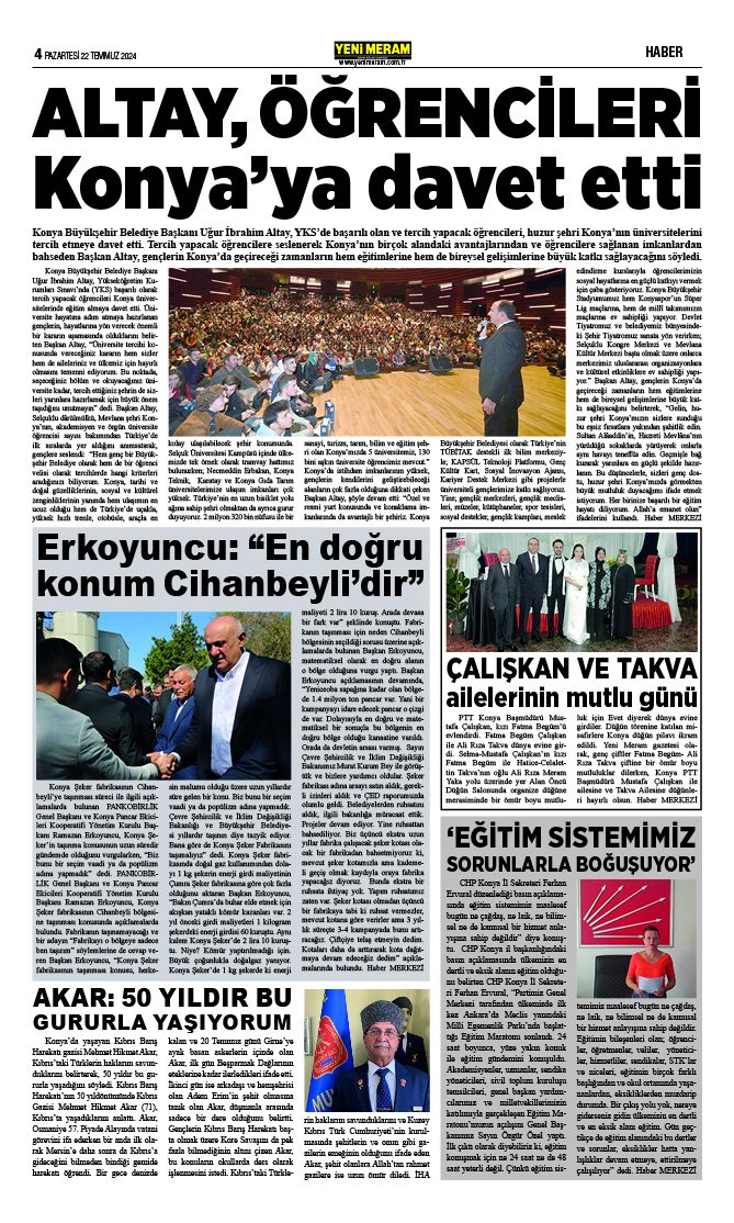 22 Temmuz 2024 Yeni Meram Gazetesi
