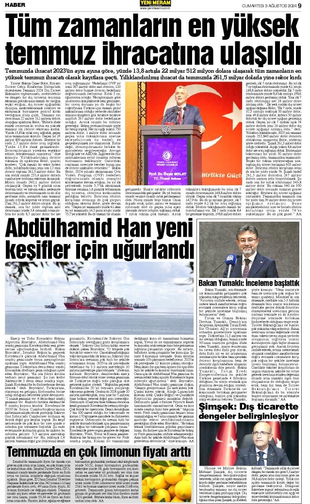 3 Ağustos 2024 Yeni Meram Gazetesi