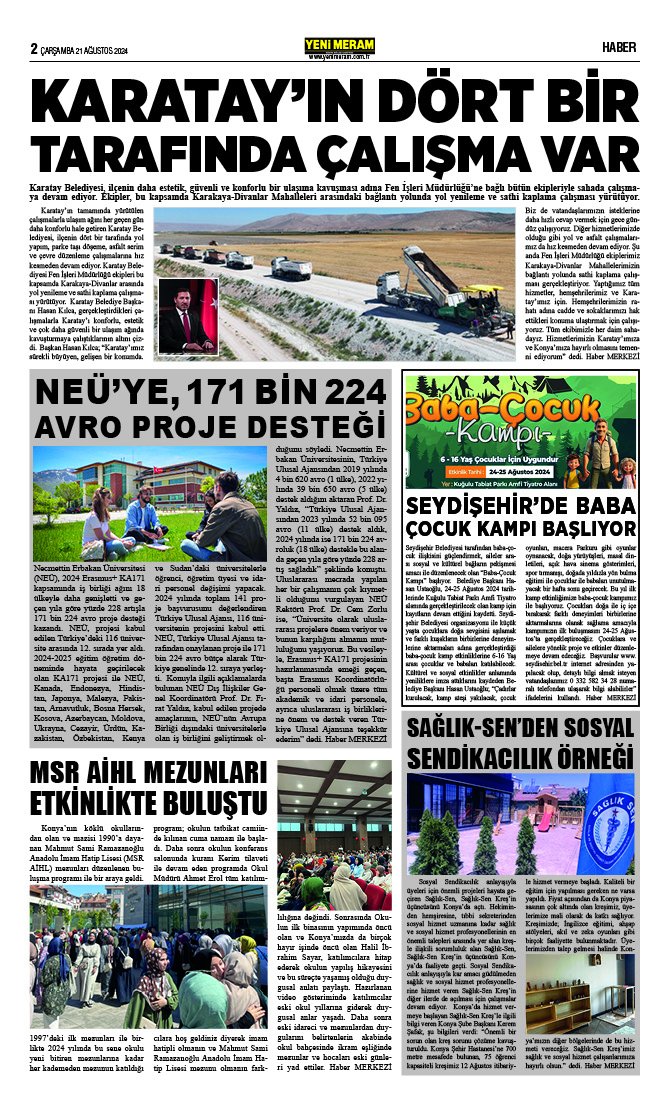 21 Ağustos 2024 Yeni Meram Gazetesi
