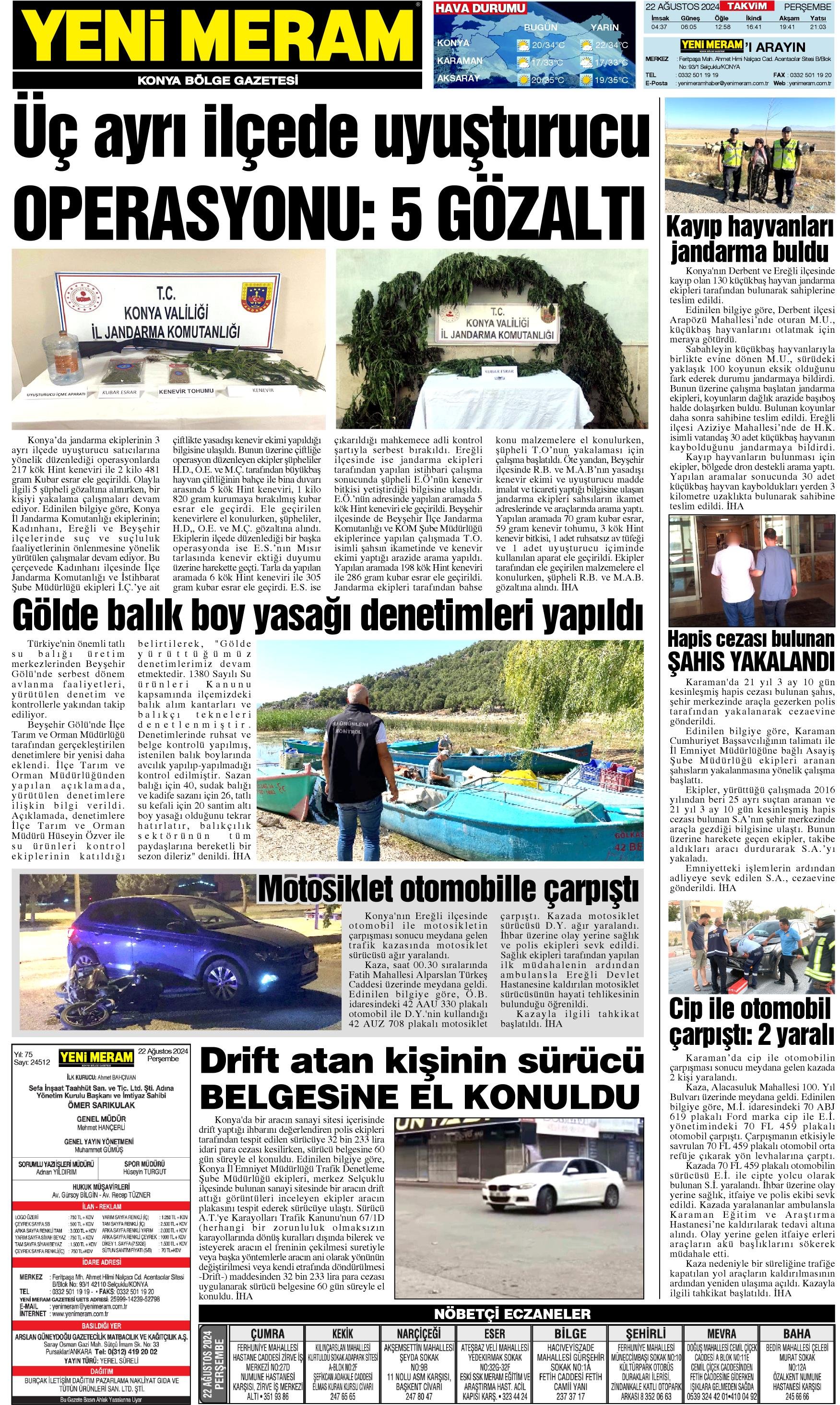 22 Ağustos 2024 Yeni Meram Gazetesi
