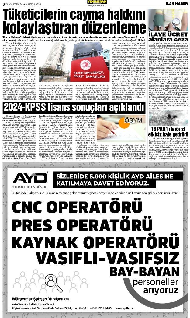 24 Ağustos 2024 Yeni Meram Gazetesi