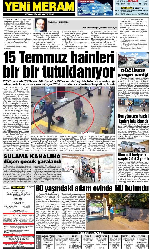 27 Ağustos 2024 Yeni Meram Gazetesi
