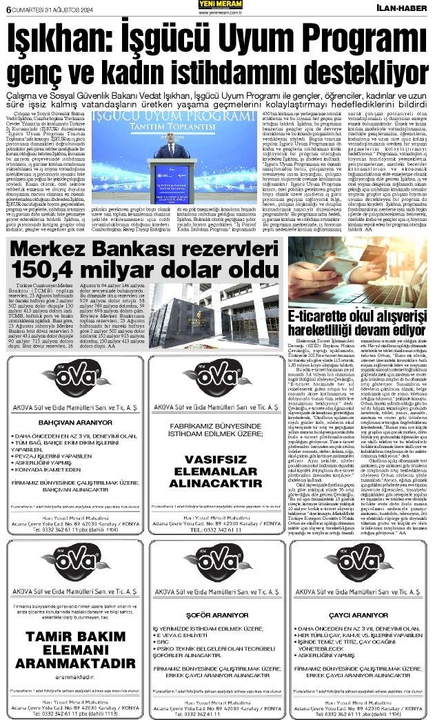 31 Ağustos 2024 Yeni Meram Gazetesi
