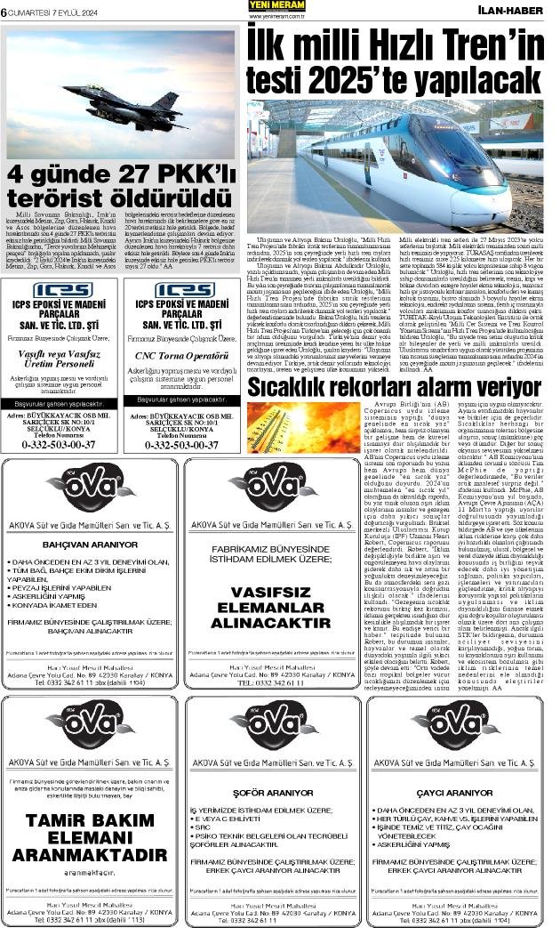 7 Eylül 2024 Yeni Meram Gazetesi