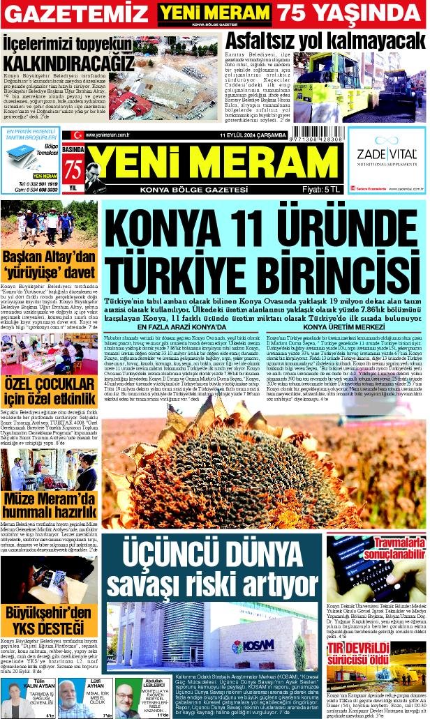 11 Eylül 2024 Yeni Meram Gazetesi
