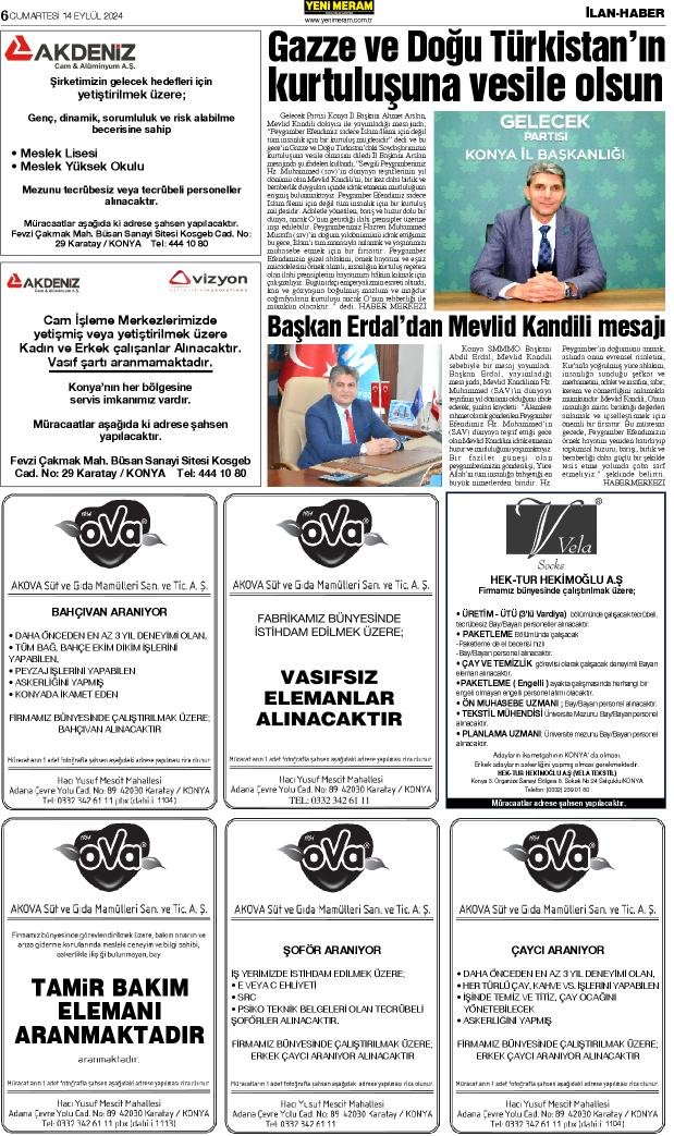 14 Eylül 2024 Yeni Meram Gazetesi