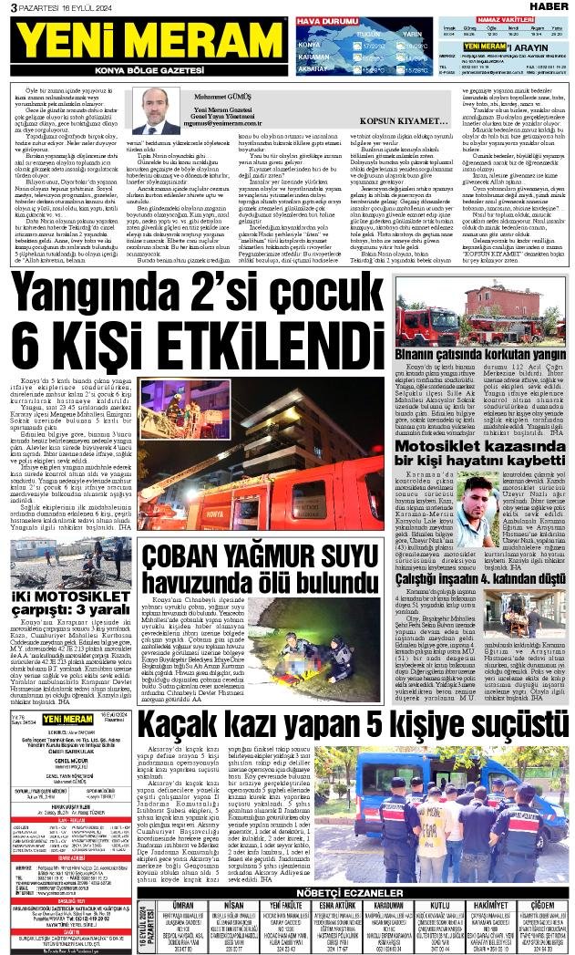 16 Eylül 2024 Yeni Meram Gazetesi
