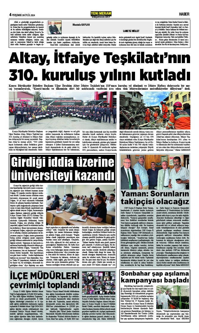 26 Eylül 2024 Yeni Meram Gazetesi
